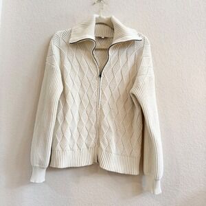 J. Society Cream Diamond Cable Knit Full Zip Cardigan Sweater Womens‎ M Ivory
